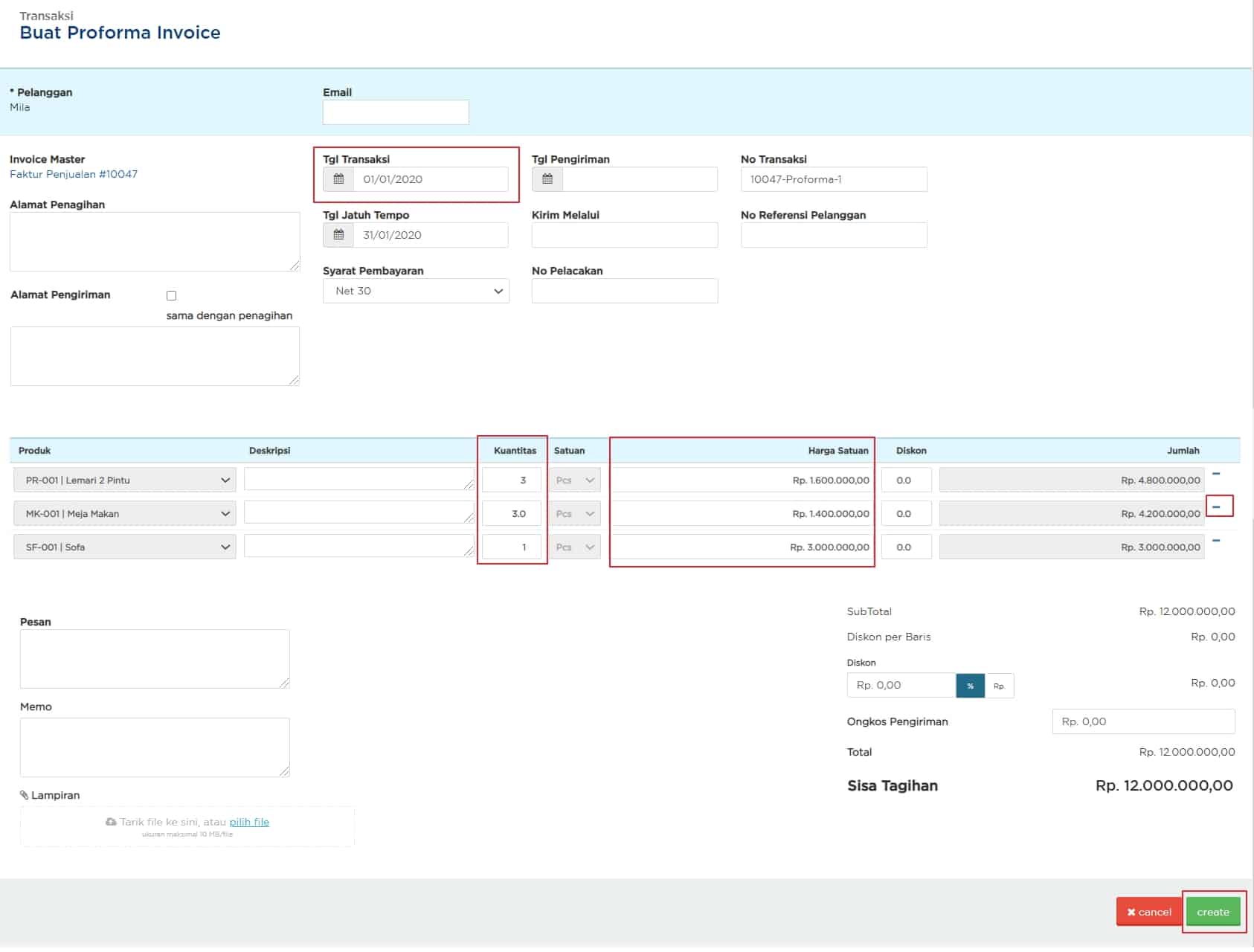 buat pro forma invoice