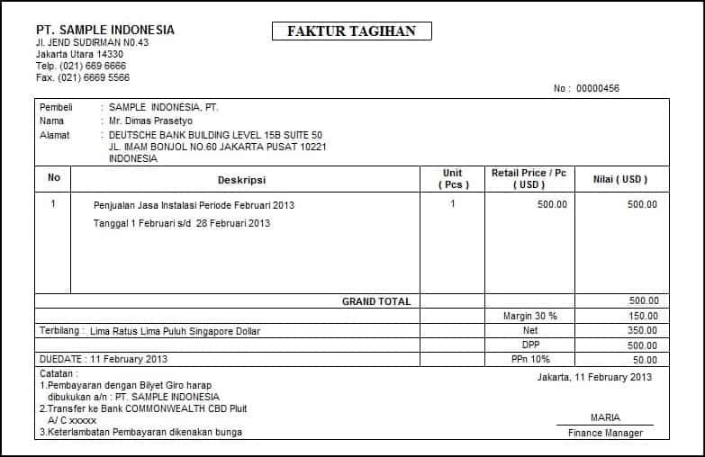 Contoh Invoice Penagihan / Tagihan Adalah sebagai berikut.