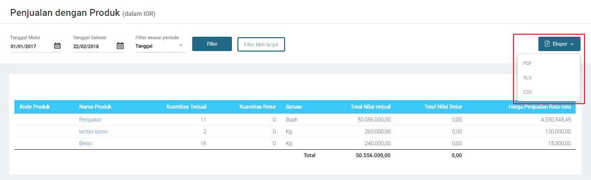 Contoh laporan penjualan per produk pada Aplikasi Mekari Jurnal