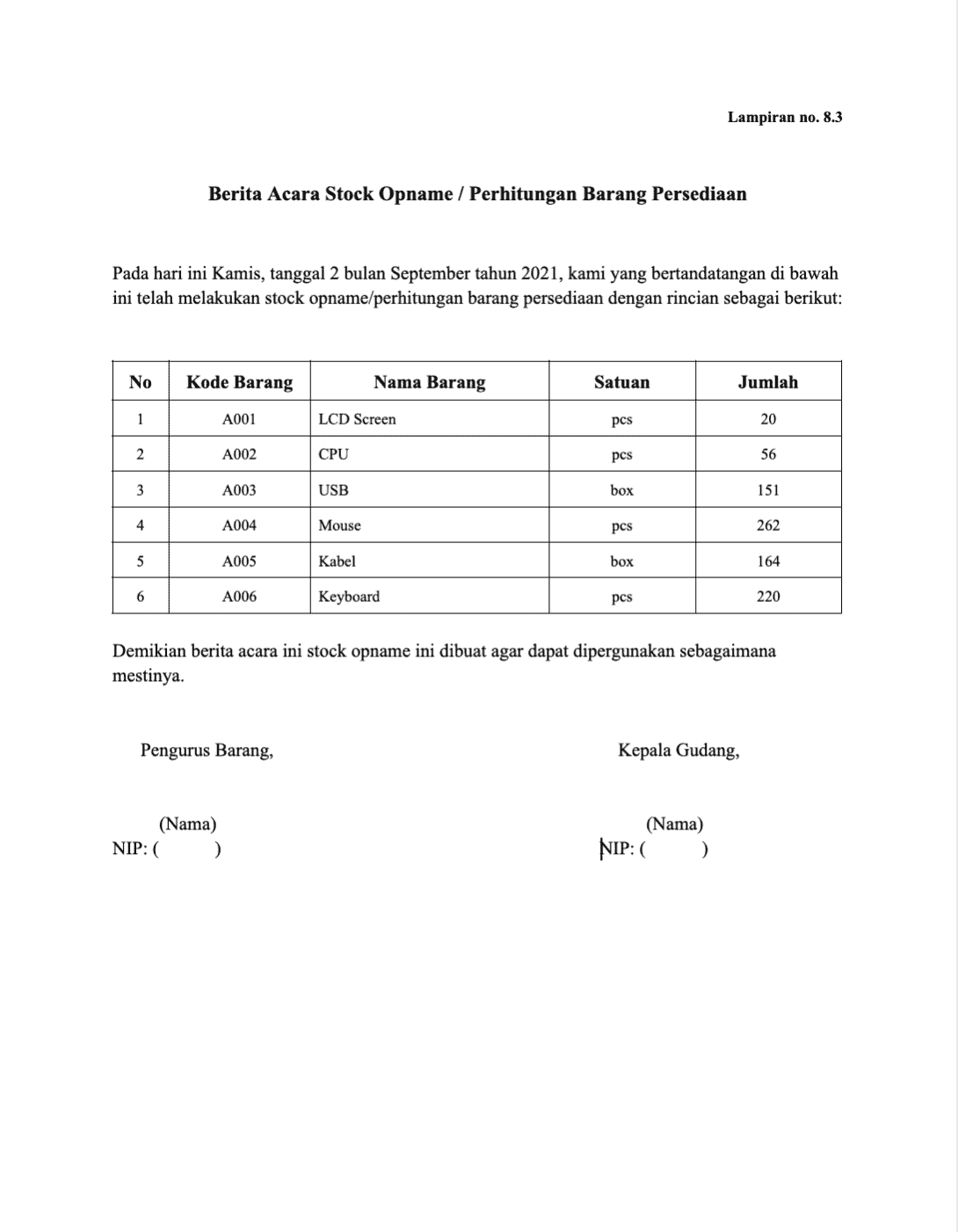 contoh berita acara stock opname persediaan barang