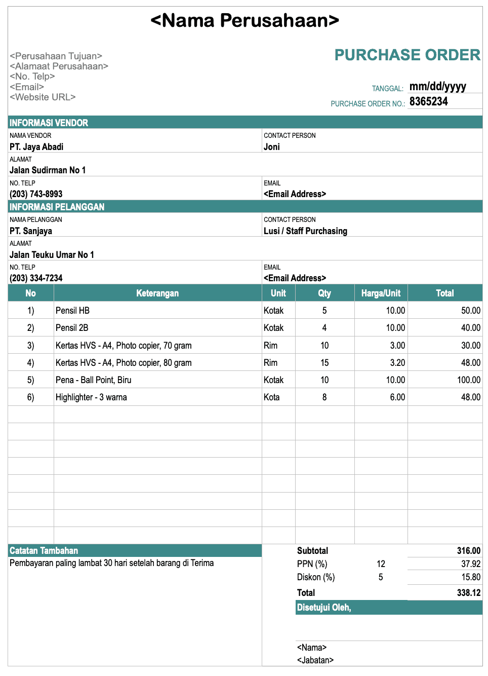 Download Contoh Template Surat Purchase Order Format Excel (xls)