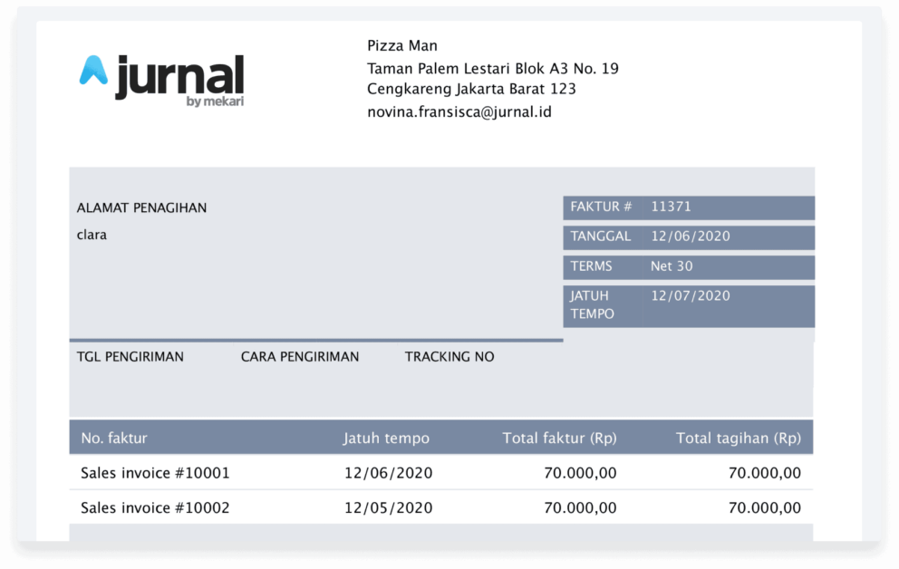 Contoh faktur penjualan pada aplikasi Jurnal by Mekari. Jika berminat, Anda juga bisa mencobanya sendiri secara langsung dengan gratis.