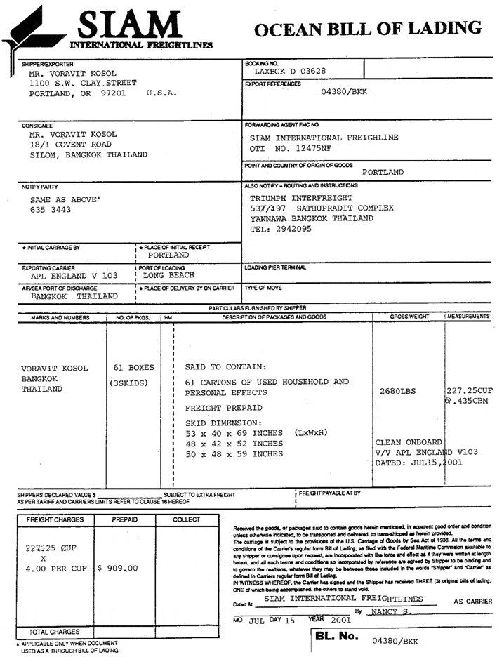 contoh ocean bill of lading