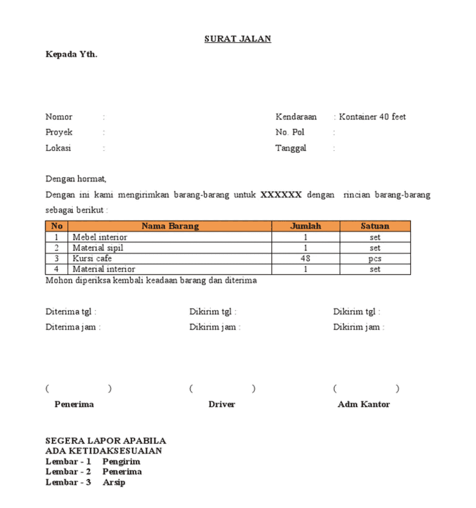 contoh surat jalan barang toko furnitur