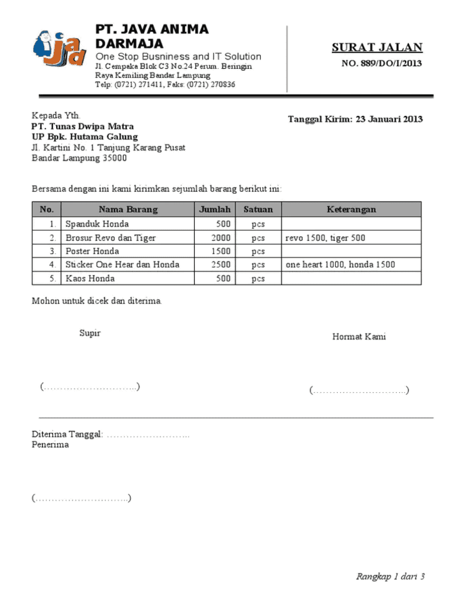 contoh surat jalan toko percetakan
