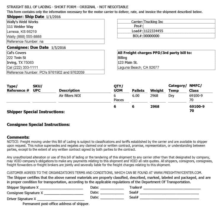 short form bill of lading