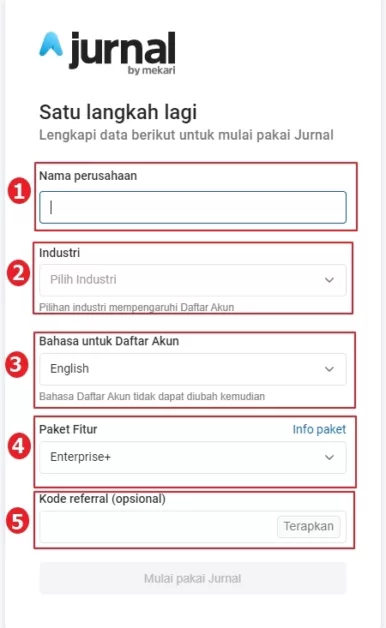 formulir pengisian data perusahaan sebagai langkah terakhir cara daftar akun jurnal